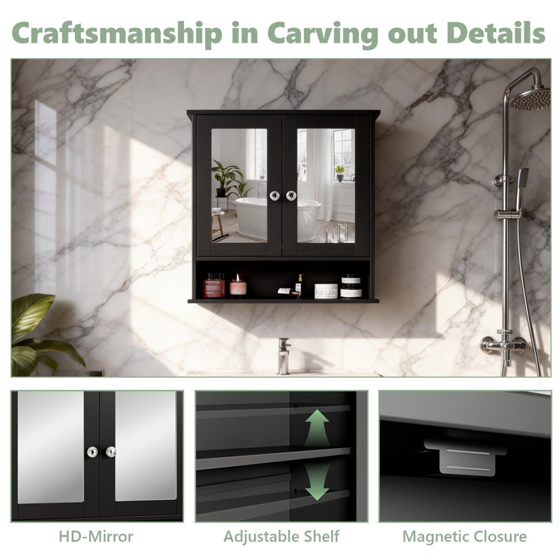 Bathroom Wall Cabinet With 2 Mirror Doors And 1 Shelf, Black