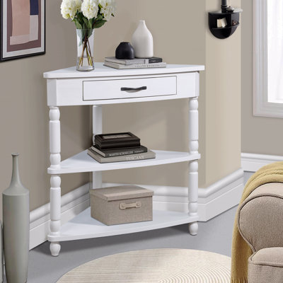 Petite table de coin triangulaire 33,8 po, table de coin en bois pour petits espaces / salon, table de bout à 3 niveaux avec pieds en bois massif, blanc laiteux