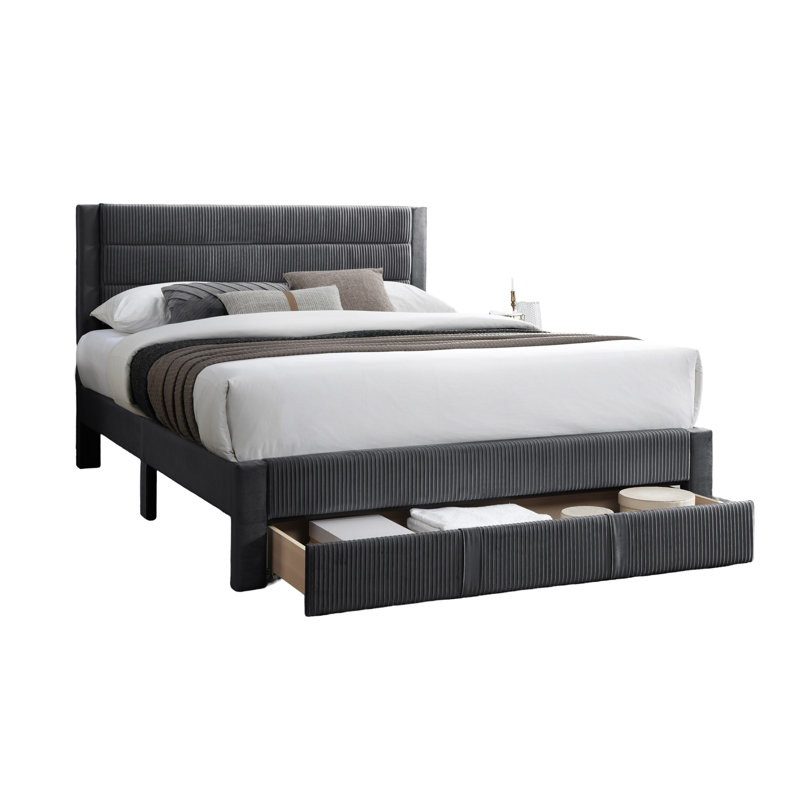 Lit de grand lit luxueux de style contemporain avec tête de lit en velours côtelé gris anthracite, Gris anthracite