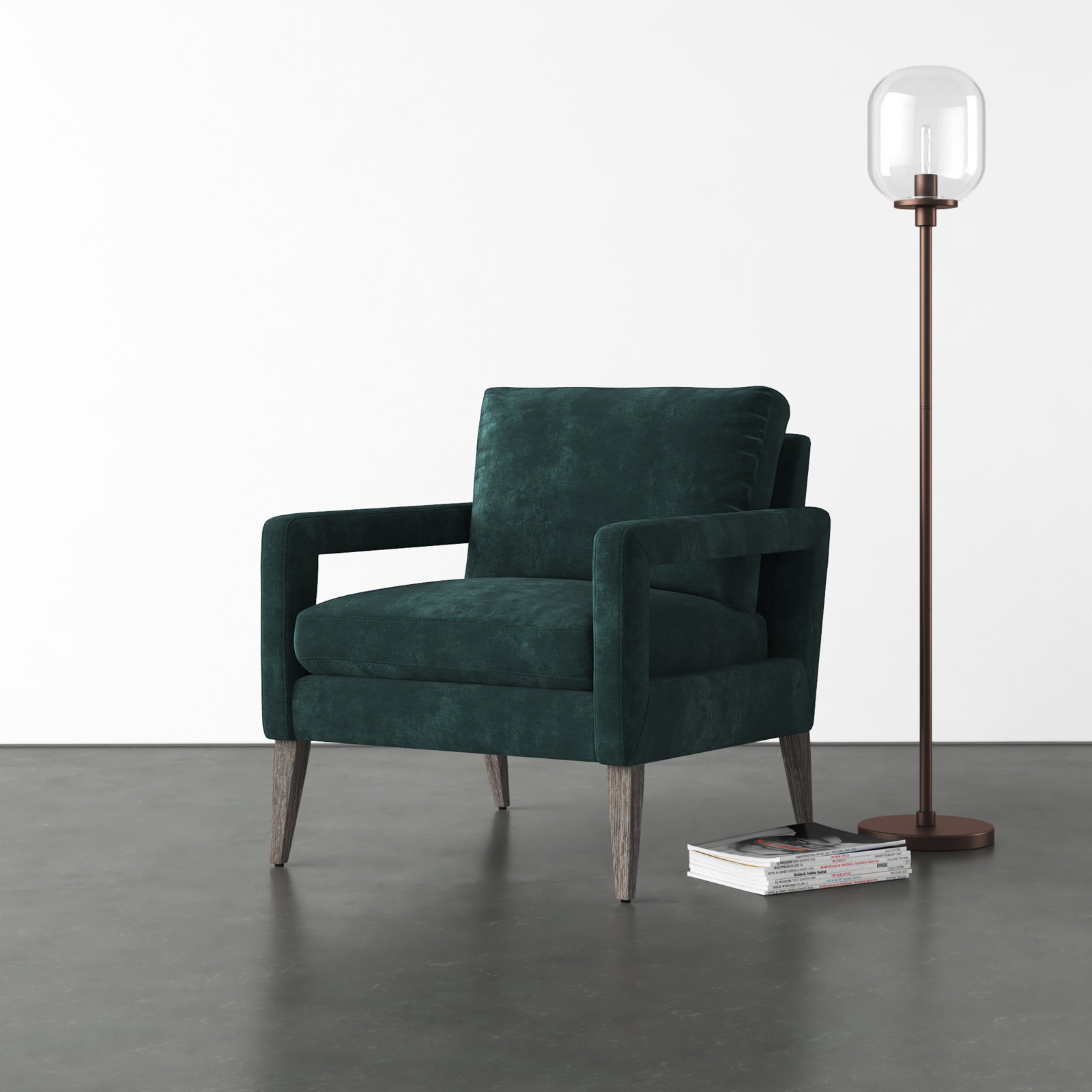 Yann Genuine Leather Armchair, Emerald Worn Velvet
