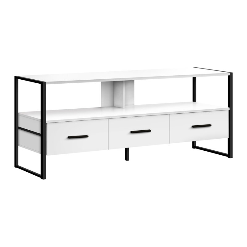 Meuble télé, meuble multimédia avec tiroirs de rangement, stratifié blanc et métal, H 20,17 po x L 51,17 po x l 19,17 po