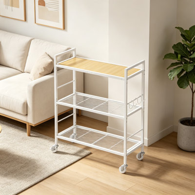 Étagère de rangement en métal à 3 niveaux avec roues industrielles, étagère en maille avec plateau en bois, tablette réglable, largeur de 31,5 pouces, pour la cuisine, la buanderie, le garde-manger, les plantes