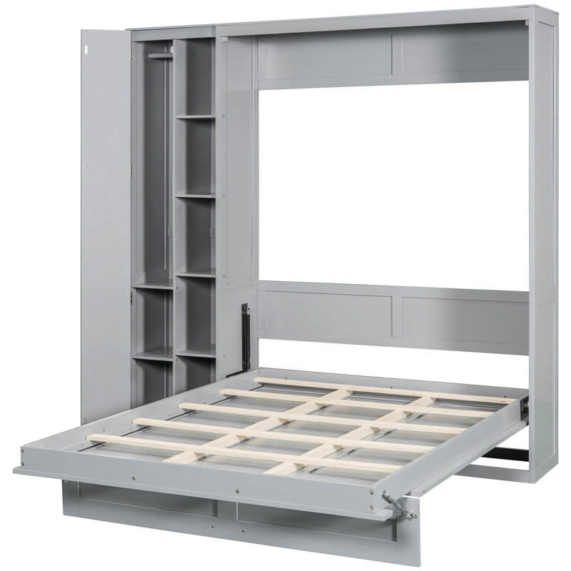 Gray Bed With Practical Shelves, Wardrobe, And Led Illumination Lights - For Spaces, Gray, Full
