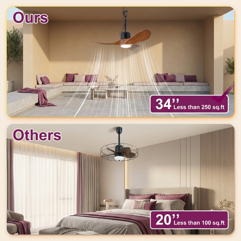34" Solid Wood Outdoor Ceiling Fan with Remote, Damp Rated Patio Gazebo Fan with 16ft Plug-in Cord & Hardwire Option, Dimmable Light with Memory Function