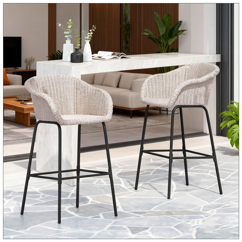 Ladd Outdoor Metal Wicker Barstool, Light Gray Faux Wicker With Integrated Footrest And High Weight Capacity, Light Gray