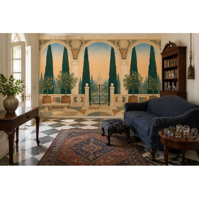 Panneau mural méditerranéen avec terrasse arquée, 120 po x 96 po, Texturé non collé