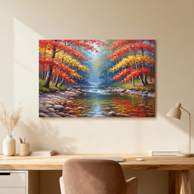Plantes et fleurs, arbres d'automne, pierres de rivière, reflet des couleurs, paysage peint