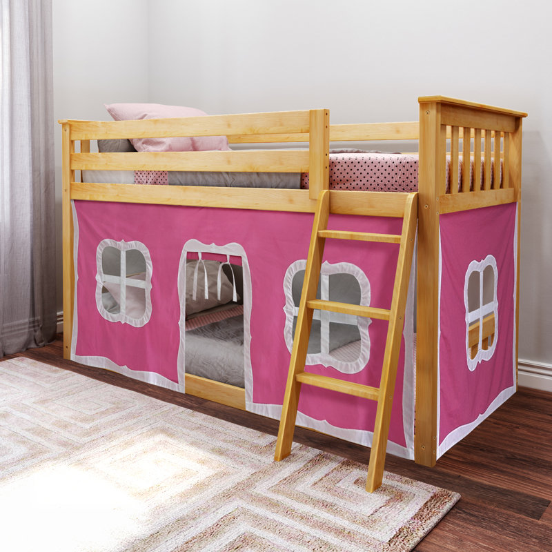 Mendelson Kids Low Bunk Bed with Curtain, Natural, Pink