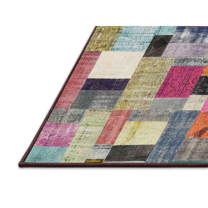 Tapis rouge/brun/bleu zone contemporaine, Rectangle 5 pi x 7 pi