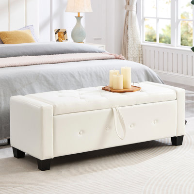 Banc rembourré 48 po en similicuir blanc avec rangement, idéal pour la chambre à coucher, le salon, le couloir, un assemblage rapide et facile, un rangement facile à nettoyer et un chiffon facile à installer