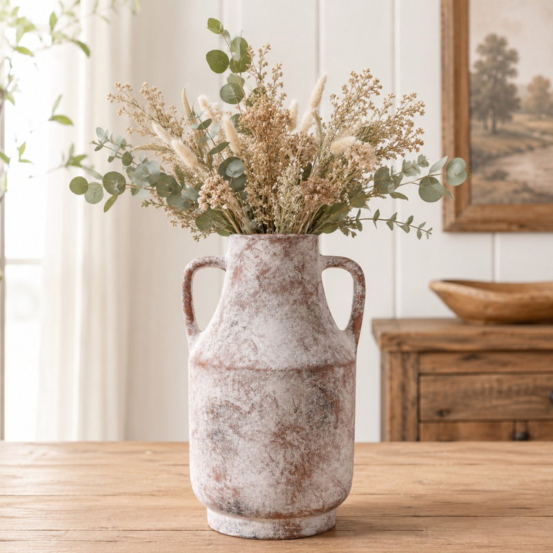 Vase 11 "en céramique rustique avec poignées latérales, Rose et blanc