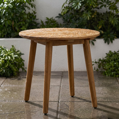 22" Outdoor Round Side Table - Solid Acacia Wood End Table with Slatted Top for Patio, Balcony and Backyard
