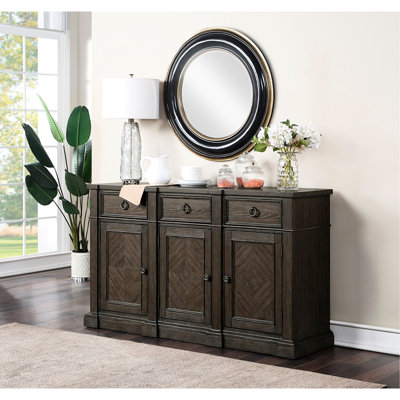 Desserte de style traditionnel en bois flotté brun avec 3 tiroirs et armoires de rangement, placage de frêne aspect vieilli pour les tablettes réglables au fini gris, pièce
