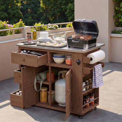 Îlot de cuisine extérieur avec plateau en acier inoxydable, support à épices latéral, tiroirs, support à papier, porte-serviettes et tablette ouverte