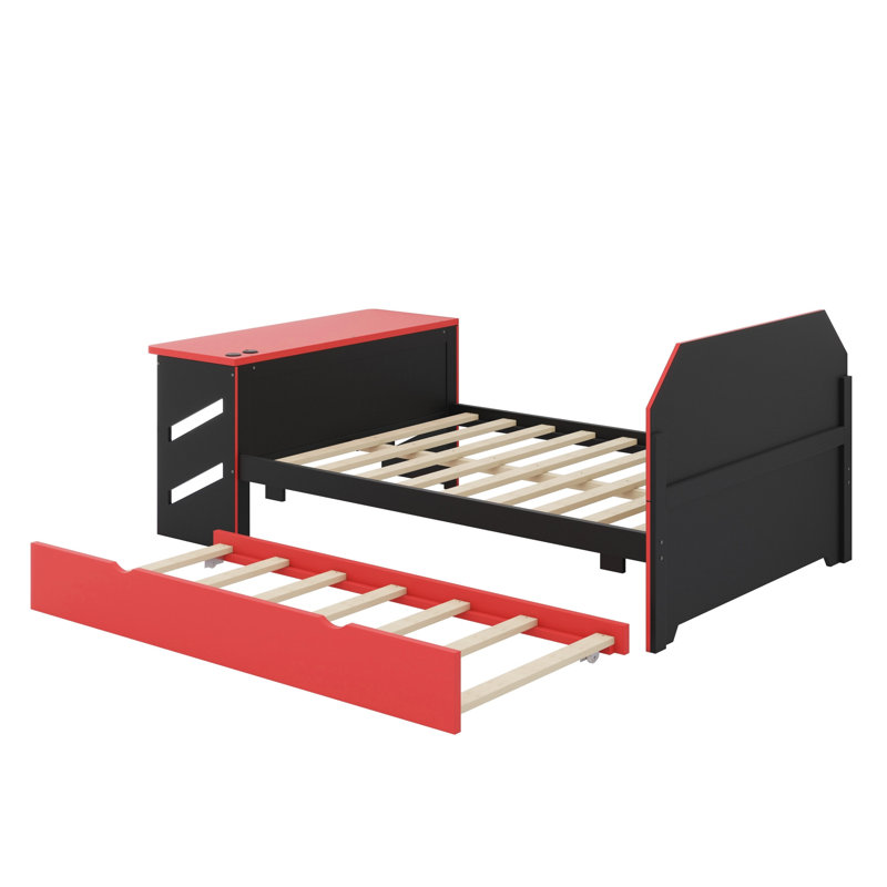 Lit de jour en bois avec lit gigogne simple, bureau et port USB, Rouge