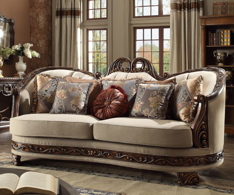 Dark Red Mahogany Hand Carved Sofa with Scrolled Wood Carvings