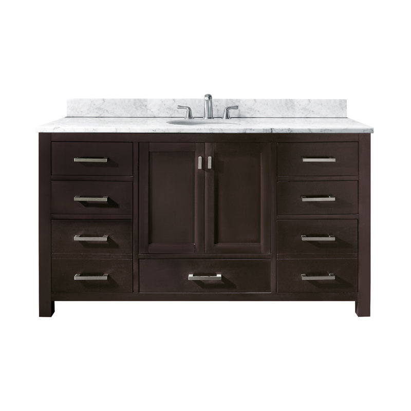 Meuble-lavabo simple 60 po avec plateau Souther, Marine, Doré, Marbre blanc de Carrare