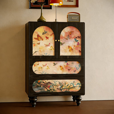 Painted Butterfly Solid Wood Storage Cabinet