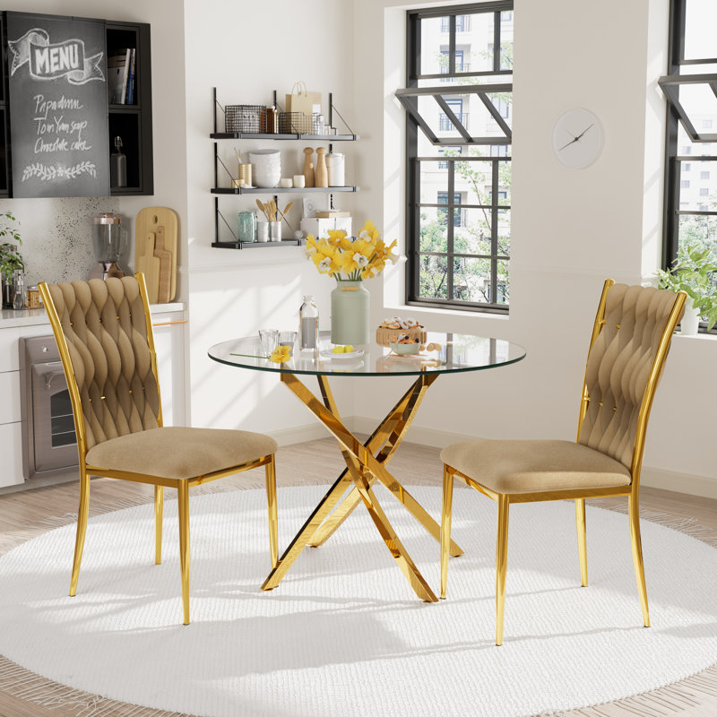 Glass Round Dining Table Set with Luxury Velvet Upholstered Dining Chairs, 3 Pieces: Table, 2 Chairs, Brun