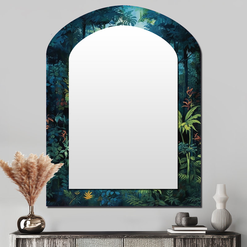 Jungle Expedition - Forest Asymmetrical Unique Wall Mirror, Traditional Arch Mirror, Printed Metal Art, 43" x 33"