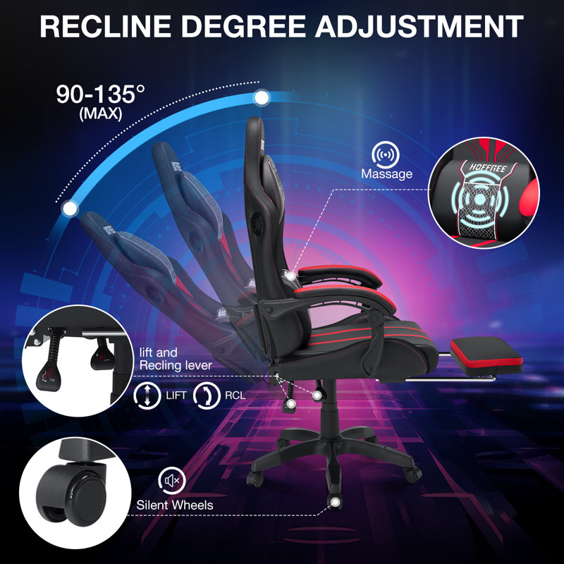 Inbox Zero Ergonomic Gaming Chair with Speakers RGB LED Lights and Massage, Red