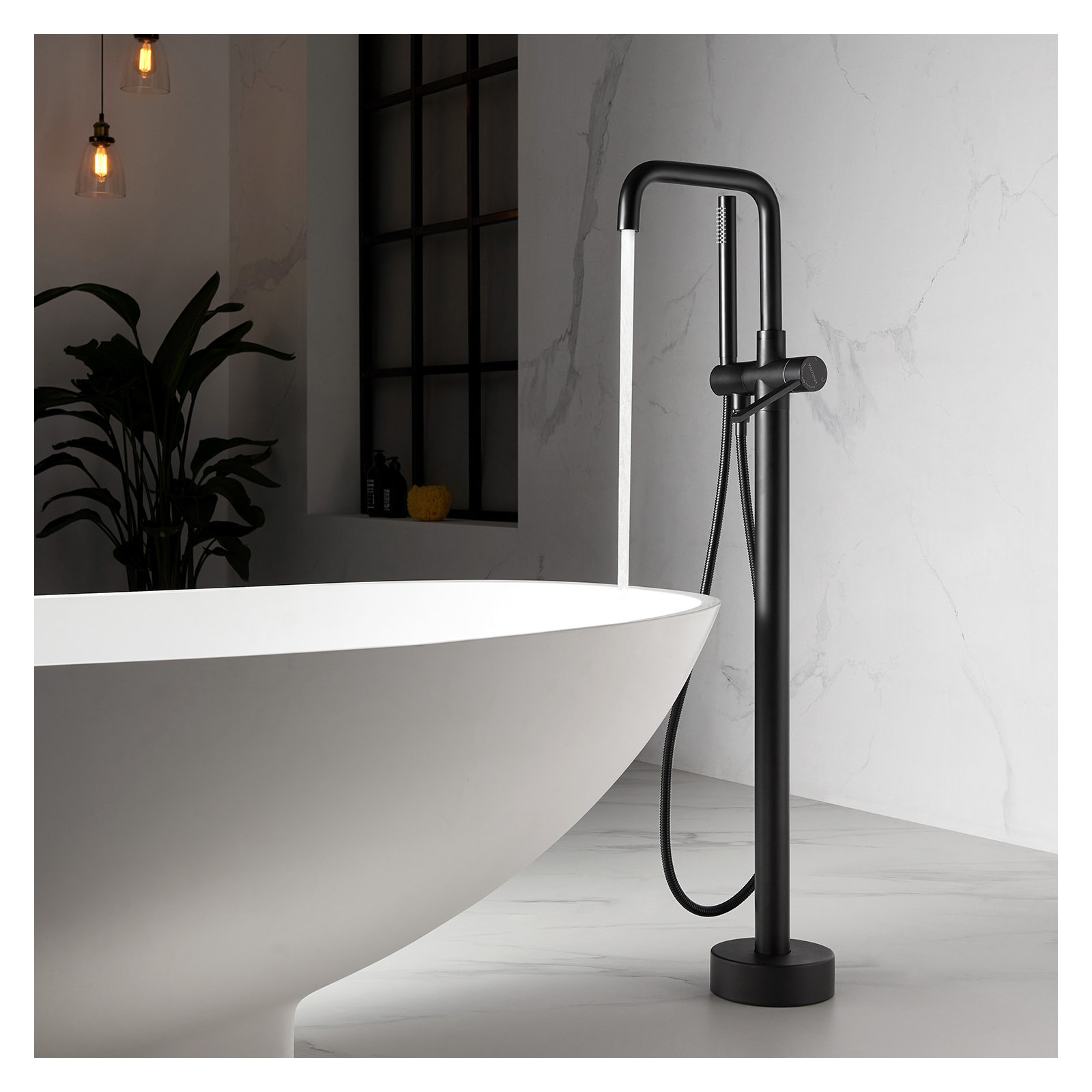 Delara Bathroom Freestanding Tub Filler with Diverter, Matt Black