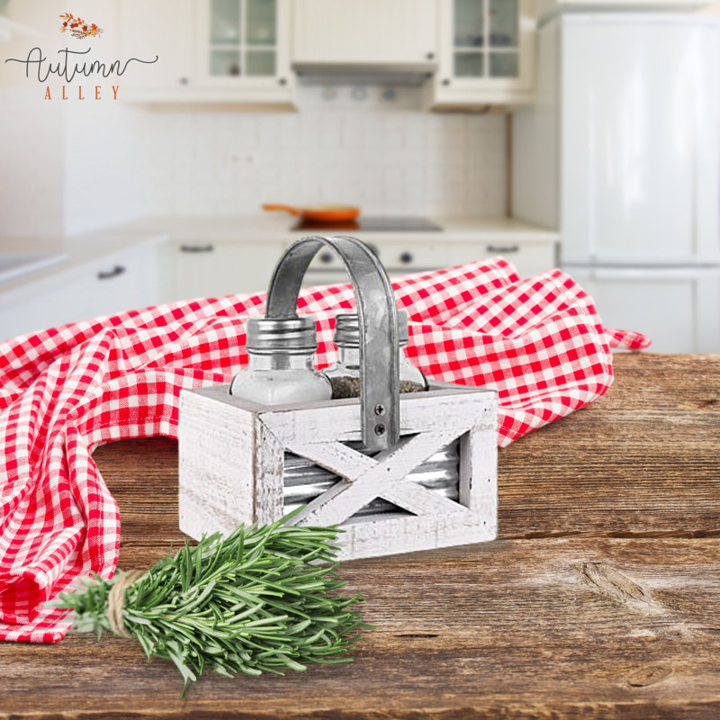 Rustic White-Wash Wood and Glass Salt & Pepper Shakers with Metal Caddy