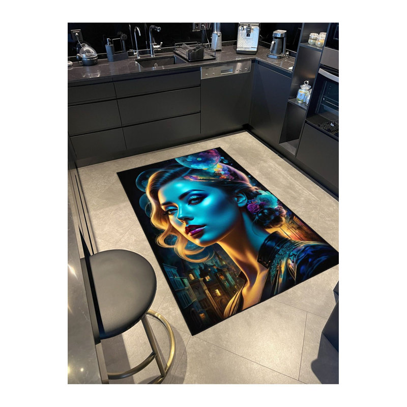 Tapis décoratif bleu à motif de fille lavable à la machine, Sous-tapis rectangulaire 5 pi 1 po x 7 pi 7 po inc