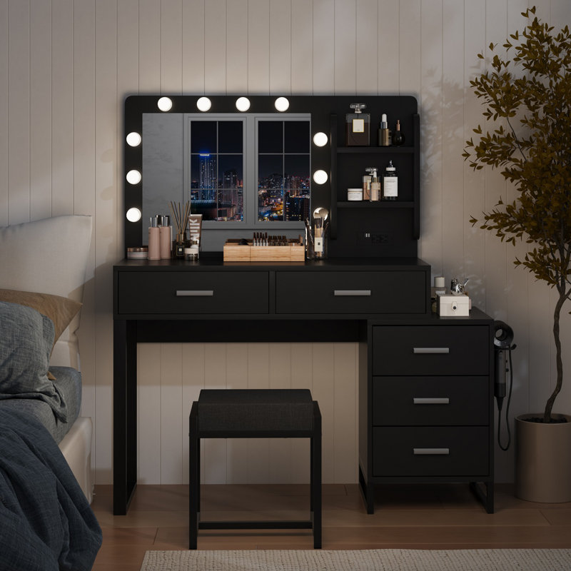 Ensemble de coiffeuse avec miroir et station de charge, coiffeuse de maquillage moderne pour chambre à coucher