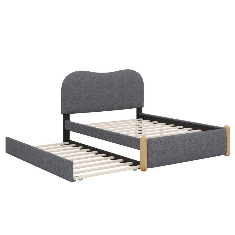 Lit plateforme tapissier avec pieds de support en bois et lit gigogne, Full, Gris