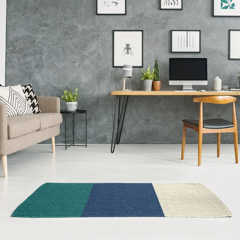 Tapis vert/bleu marine/crème tissé à plat Seattle, Rectangle 5 pi x 7 pi