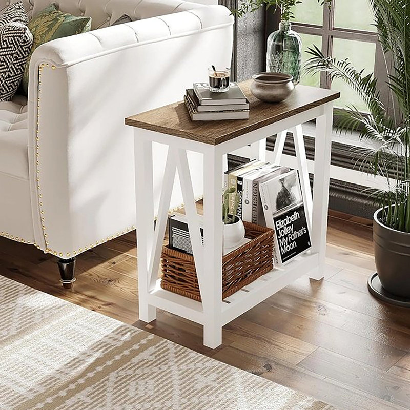 Table de bout Farmhouse, table d'appoint étroite, table de bout avec tablette de rangement pour petits espaces, salon et chambre à coucher, blanc