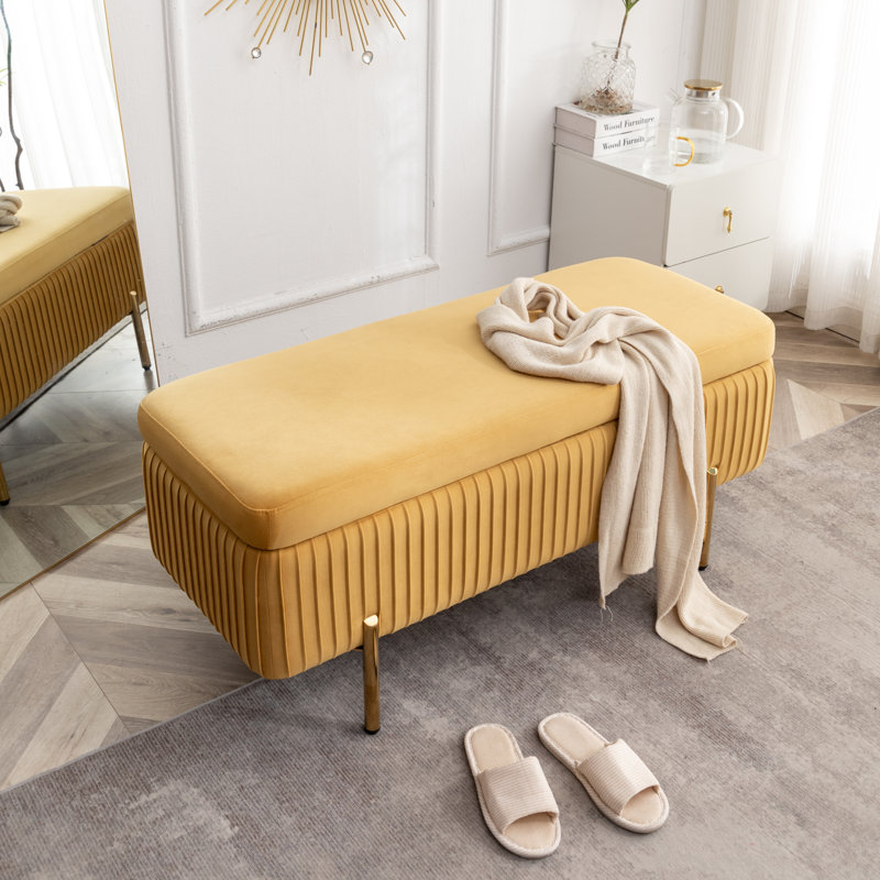 Banc de rangement rembourré en velours Miajah, Jaune moutarde