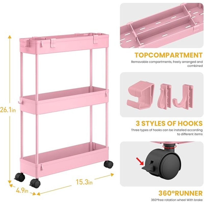 Chariot de rangement mince à 3 niveaux, utilitaire roulant d'organisation de salle de bain, étagère mobile coulissante pour le bureau, la cuisine, la salle de lavage et les espaces étroits
