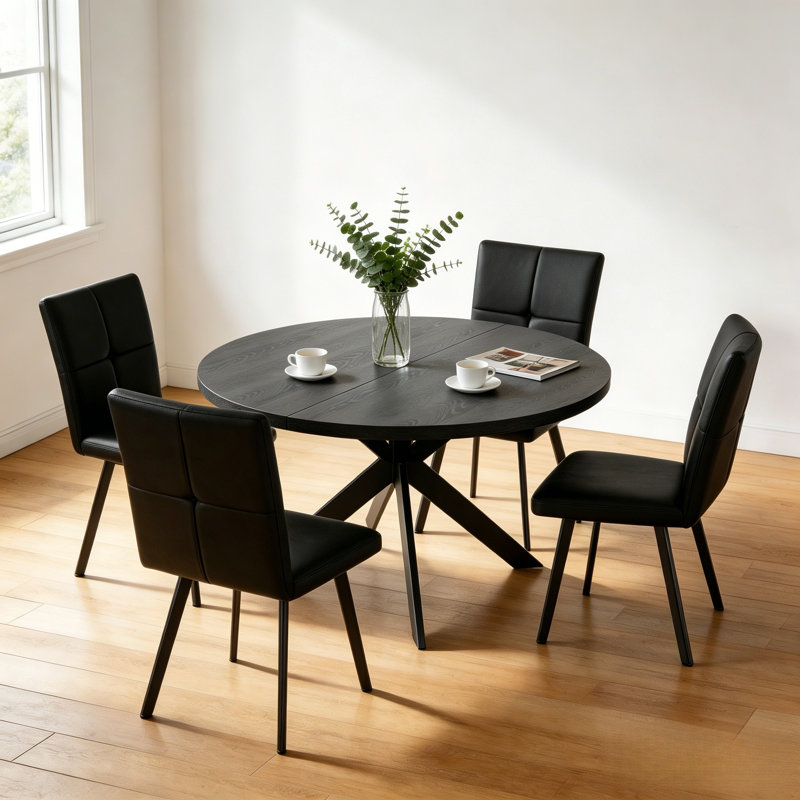 45.3"  Round Dining Table Set For 4, Extendable Wood Table With Faux Leather Chairs, Modern Kitchen Dining Room Set, Black