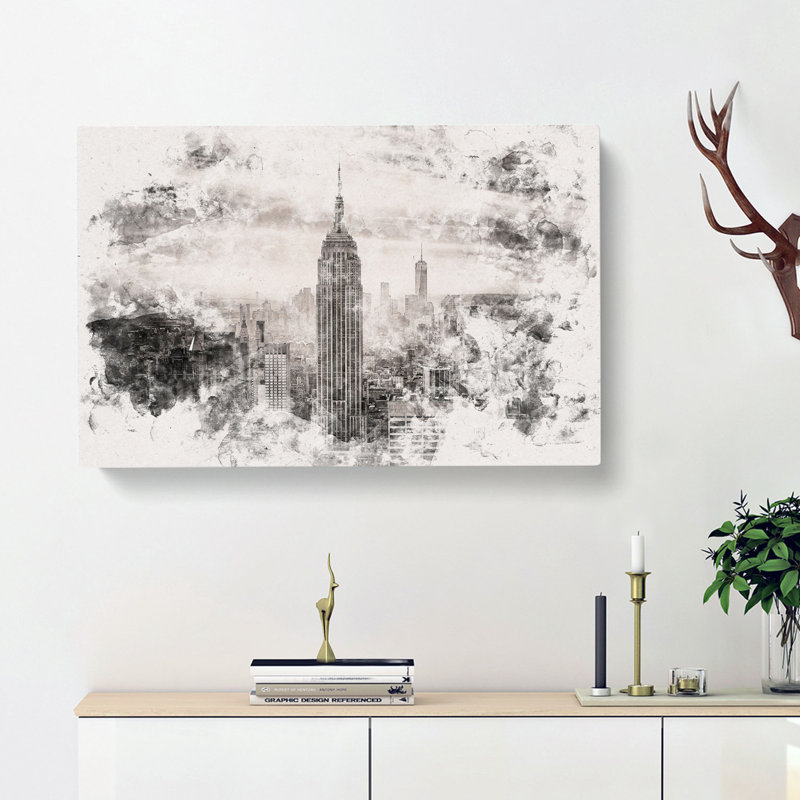 New York Skyline Watercolour - Wrapped Canvas, 60cm H x 91cm W x 3cm D