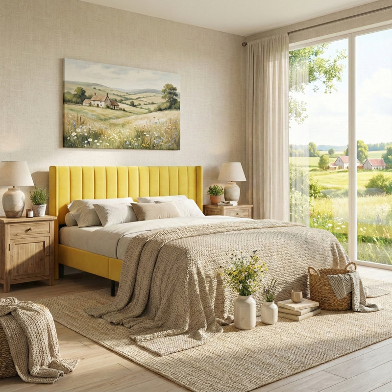 Base de lit tapissier avec tête de lit à oreilles Deeb, Velours jaune, Très grand