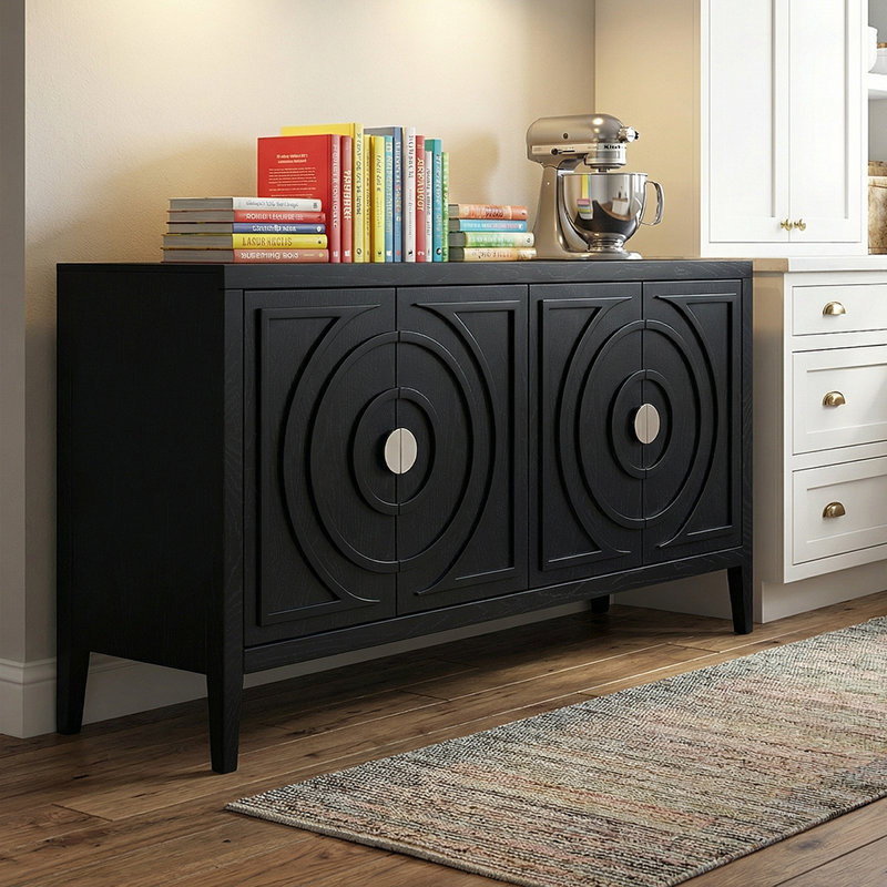 Rustic Kitchen Cabinet - Rubber Wood Construction, Distressed Finish,Rounded Door Design, Adjustable Shelves, Black