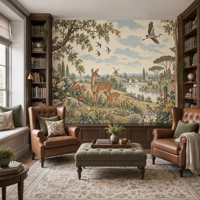 Adhésif mural cerf et moulin à vent campagne rétro, 160 po x 108 po, Texturé non collé