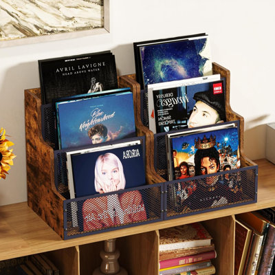 Lot de 2 boîtes de rangement pour disques vinyles, caisse à 3 niveaux étagée pour disques LP, support pour albums vinyles, peut contenir jusqu'à 120 disques, boîte de bureau en métal et bois.