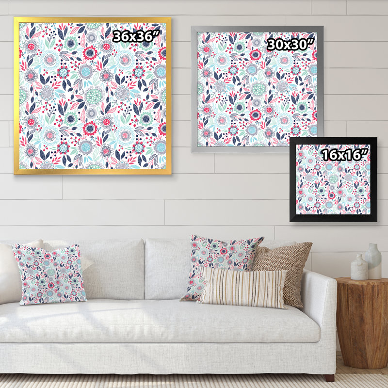 «Retro Pink and Blue Flowers», reproduction d'art sur toile à motifs, H 16 po x l 16 po, Cadre photo blanc