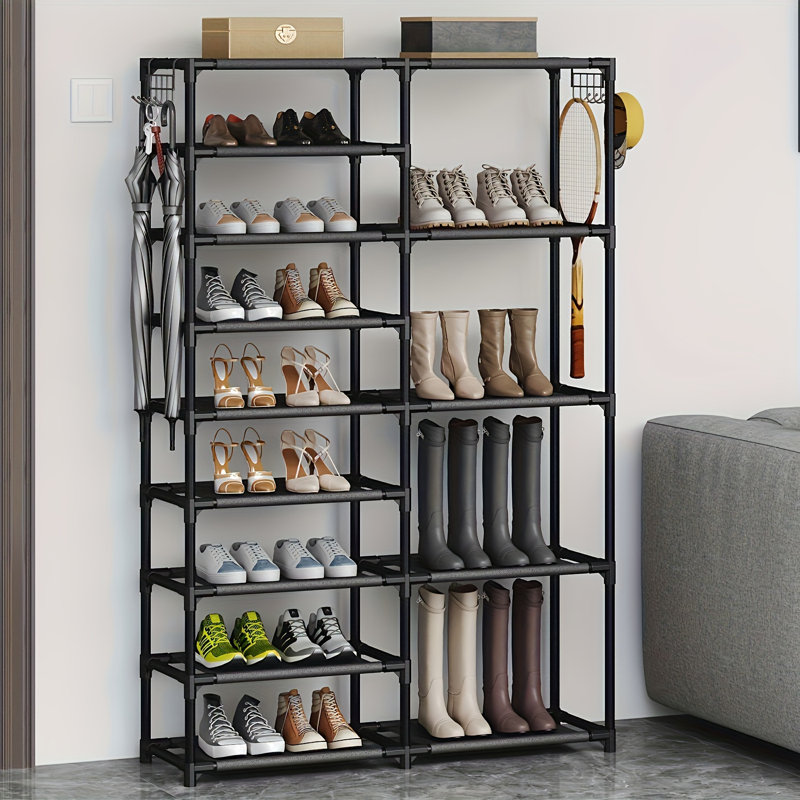 Tall Garage Shoe Rack Large Capacity,two Rows Versatile Hooks Storage Boot Shelf Black 24-35 Pairs