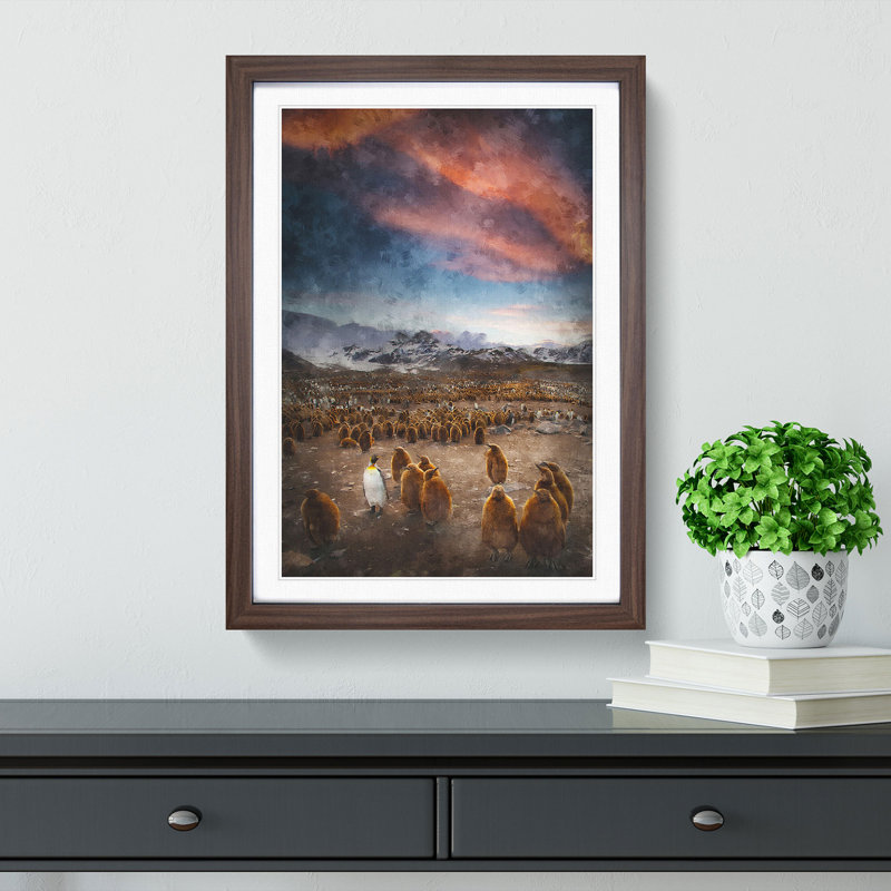 King Penguins & Mountains - Framed Print, 87cm H x 62cm W x 2cm D, Walnut Framed