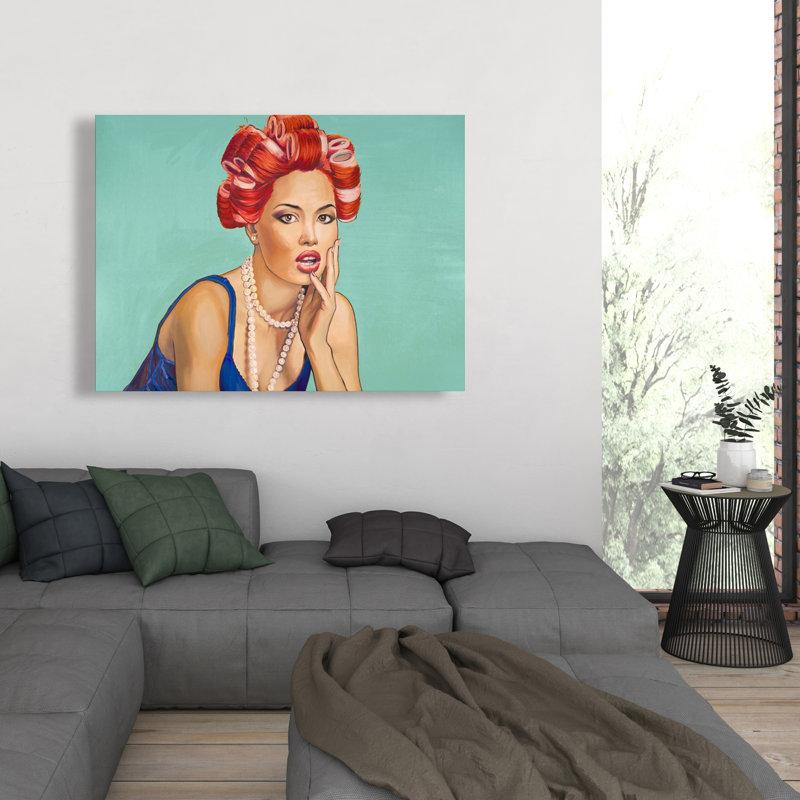 Pin up with curler - turquoise, art sur toile