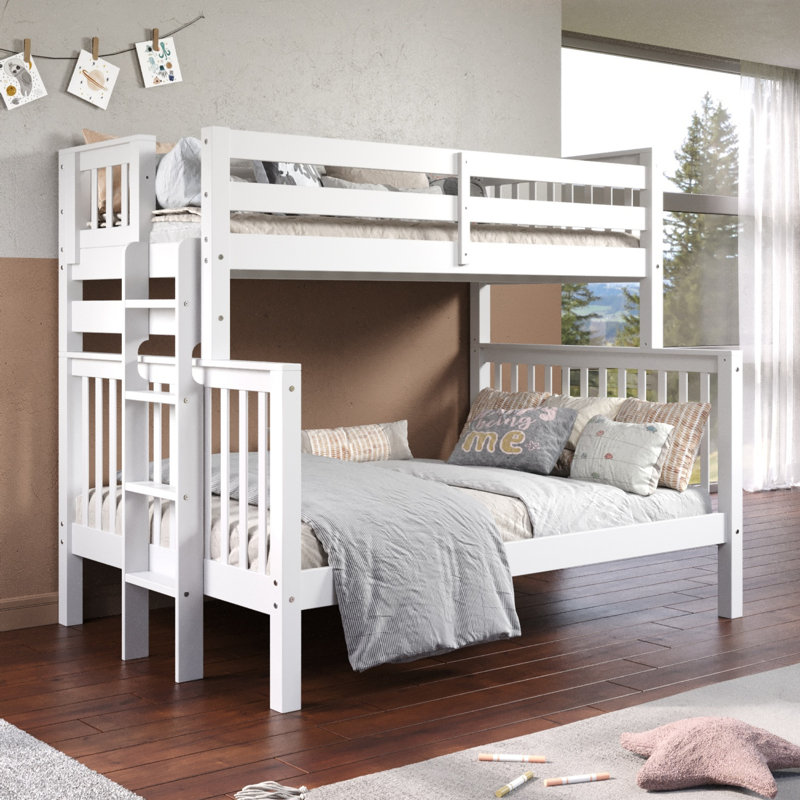 Treva Solid Wood Standard Bunk Beds Twin over Full, 4 Step Ladder, White, White, Twin over Full