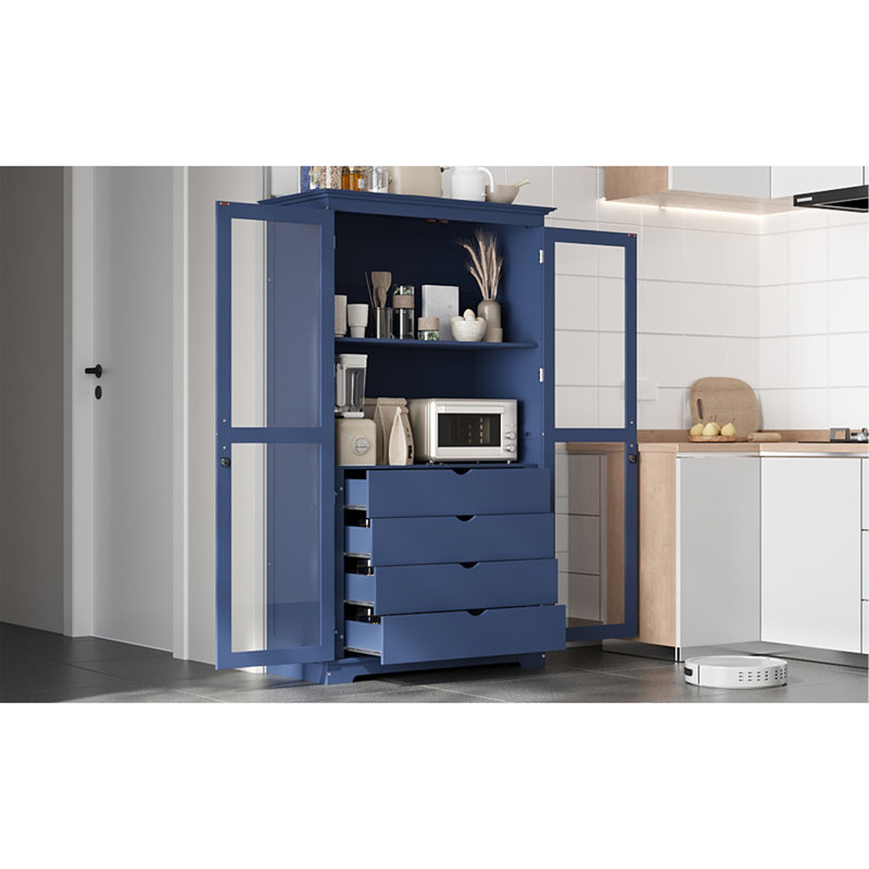 44.7X20x75inch Kitchen Pantry, Freestanding Kitchen Storage Cabinet Display Cabinet With Glass Doors And 4 Built-In Drawers For Living Room, Home Office, Blue