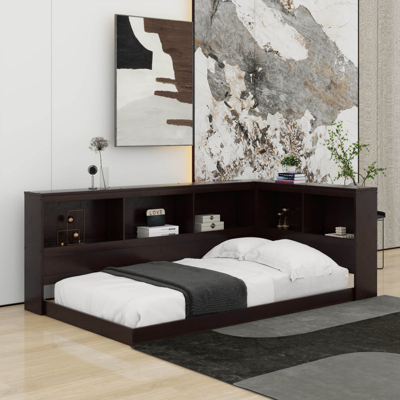 Lit de jour simple en bois avec ports USB et armoires de rangement, Espresso