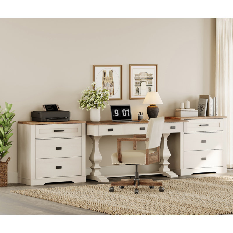 Farmhouse Office Desk Complete Set With Dual Drawer Cabinets & -Storage Organization System - Rustic Modern 60-Inch Desk With Matching File Cabinets For Home Office