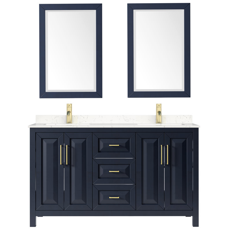 Daria 60'' W Double Vanity, Carrara Cultured Marble, Dark Blue, Brushed Gold