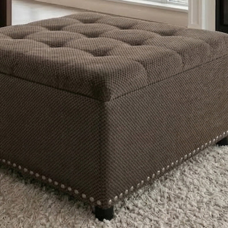 Upholstered Tufted Storage Square Ottoman With Nailhead Trim, Coffee